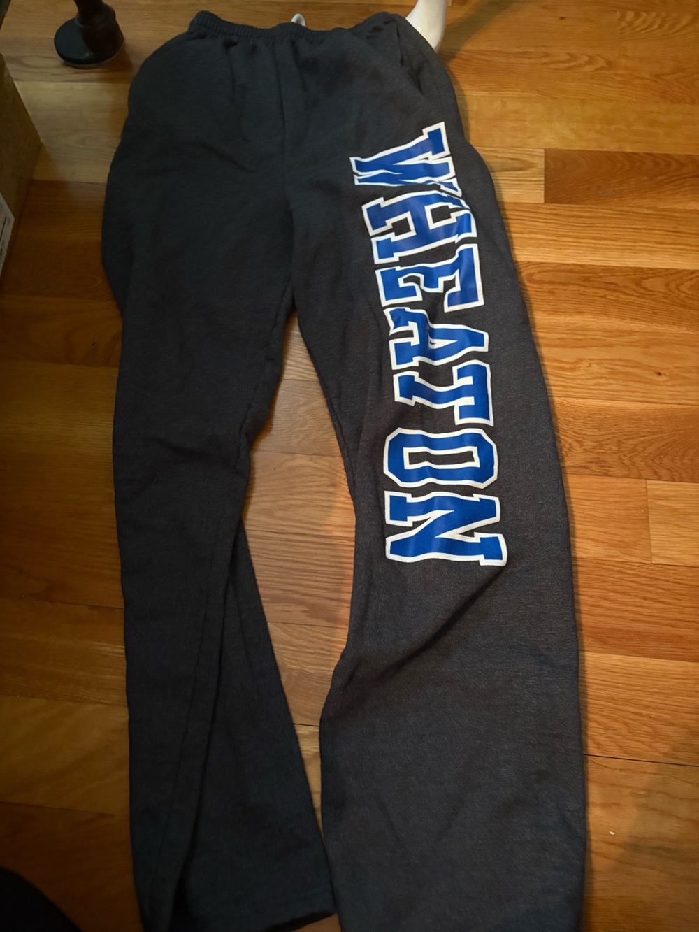 Champion Charcoal Sweatpants with Blue 'Wheaton College MA' Side Lettering